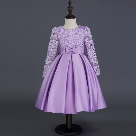 Vestido de Princesa Infantil Encaje Morado - Manga Larga Otoño Invierno