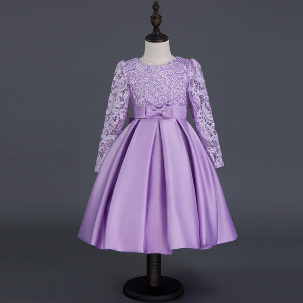 Vestido de Princesa Infantil Encaje Morado - Manga Larga Otoño Invierno