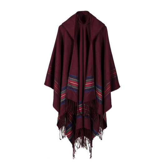 Poncho Capa Tejida con Capucha - Imitación Cachemira con Franjas de Color - Image 4
