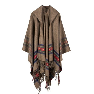 Poncho Capa Tejida con Capucha - Imitación Cachemira con Franjas de Color