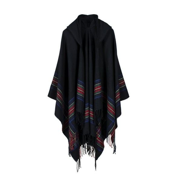 Poncho Capa Tejida con Capucha - Imitación Cachemira con Franjas de Color