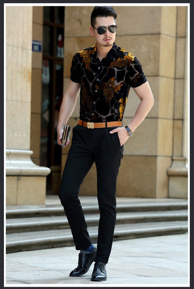 Camisa Terciopelo Dorado Hueca Manga Corta - Image 14