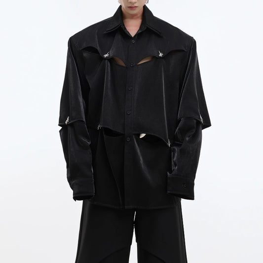 Camisa Oversized con Hombros Acolchados y Detalles Calados