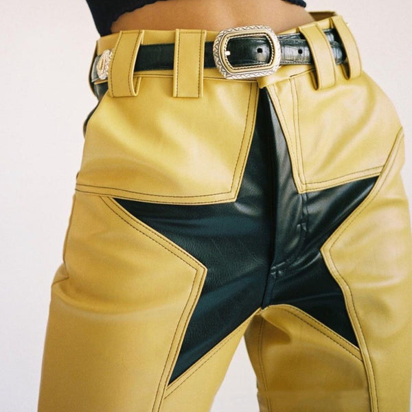 Pantalones Otoñales con Contraste de Colores y Parches Pentagram para Mujer
