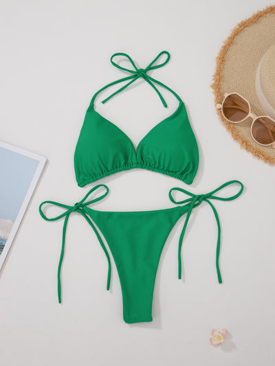 Red solid color two-piece bikini swimsuit with a halter tie-top and adjustable tie-side thong bottom. - Image 13