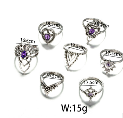 Juego de 7 Anillos de Cristal Púrpura Retro Hueco con Diamantes Florales para Mujer - Image 2