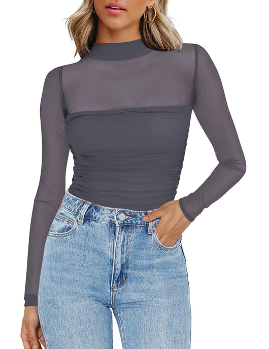 Top Sexy Cuello Malla con Detalles en Contraste - Image 18