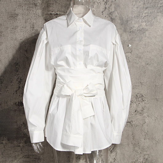 Camisa Blanca de Manga Larga con Cinturón para Mujer - Image 10