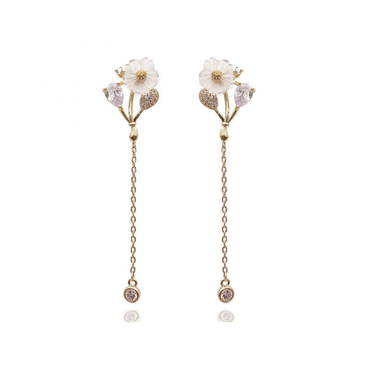 Aretes de Perla con Borla de Flor y Aguja de Plata - Estilo Coreano Elegante - Image 2