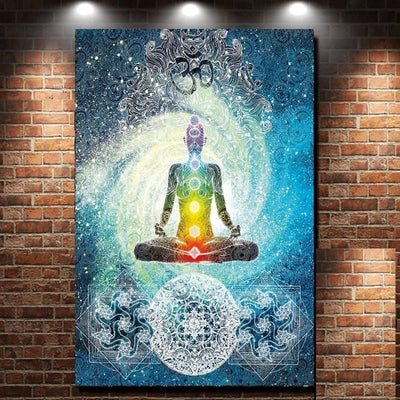 7 Chakra Buddha wall tapestry with a meditating figure, rainbow chakras, Om symbol, and cosmic blue mandala background. - Image 3