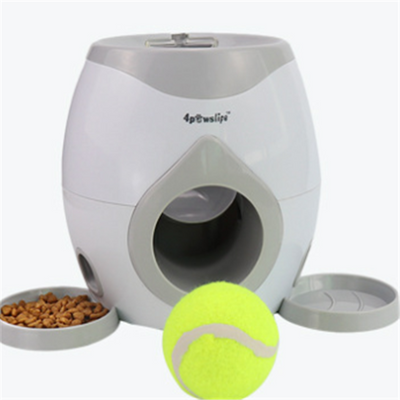 White and grey automatic tennis ball launcher for dogs, dispensing food, with a tennis ball and kibble bowl. - Image 3