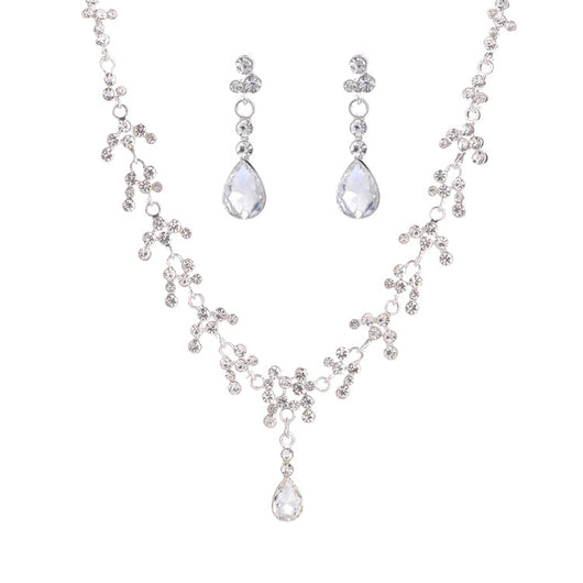 Silver-tone bridal necklace and drop earrings set with clear rhinestones and teardrop faux diamonds. - Image 6