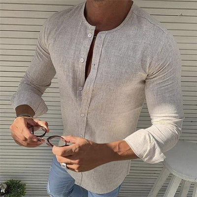 Camisa Manga Larga Cuello Redondo de Algodón para Hombre - Image 4