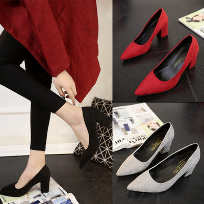 Zapatos de Tacón Alto Gris Coreano - Punta Fina y Suela Gruesa Versátil