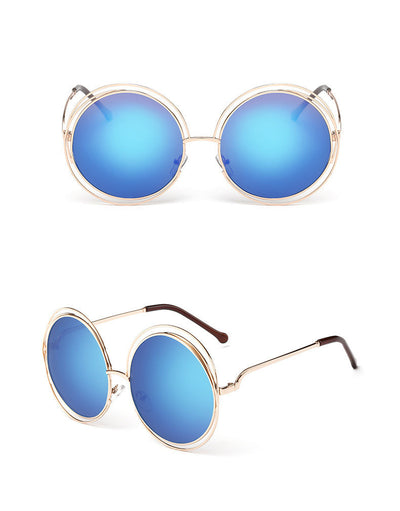 Round metal cutout sunglasses with silver mirrored lenses and a double-rimmed frame, shown from front and angled views. - Image 5