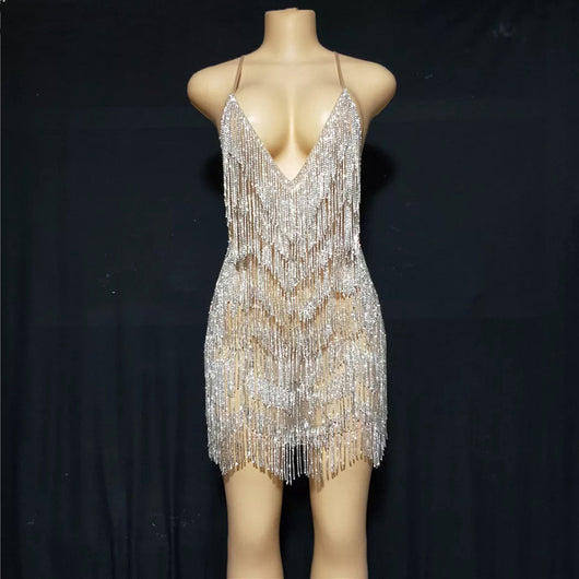 Vestido de Noche Elegante con Escote Profundo y Cristales Brillantes
