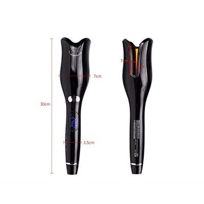 Black automatic curling iron with a digital temperature display and control buttons, featuring a curved barrel and swivel cord. - Image 3