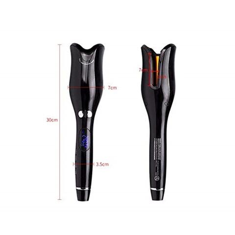 Black automatic curling iron with a digital temperature display and control buttons, featuring a curved barrel and swivel cord. - Image 3