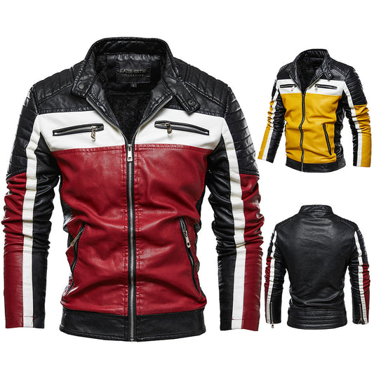 Chaqueta de Cuero Premium con Bloques de Color y Forro de Terciopelo