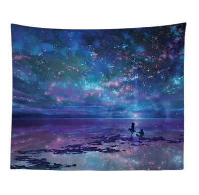 Starry night galaxy tapestry with purple and blue hues, featuring two silhouetted figures on a reflective shore. - Image 2