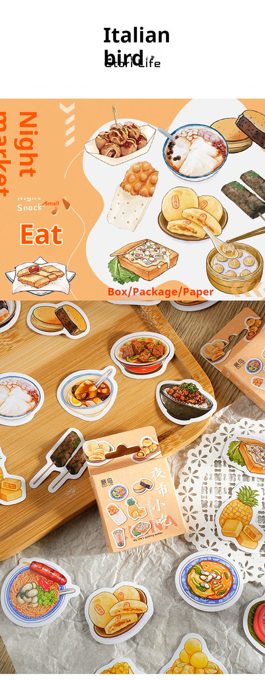 Box-packed set of 46 retro-style night market snack stickers, featuring illustrations of various foods and drinks. - Image 12