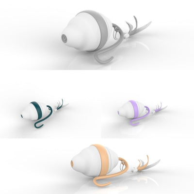 Golden-brown cat playing with a white and grey automatic rolling mouse cat toy with feather-like streamers on a wood floor. - Image 5