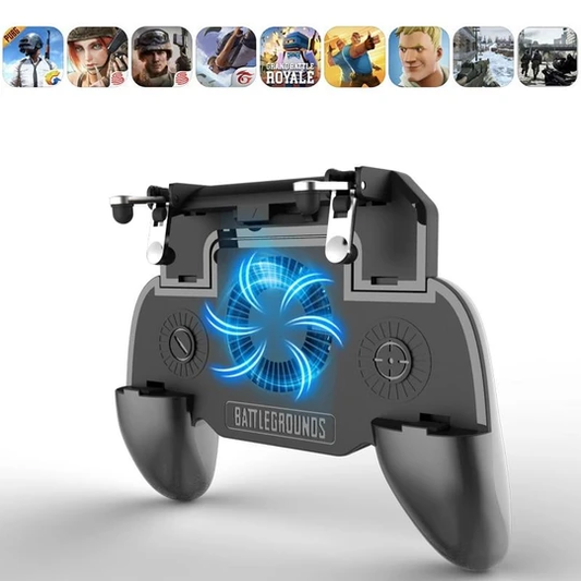 Black 3-in-1 phone gamepad with blue cooling fan, trigger buttons, and ergonomic grips for mobile gaming.