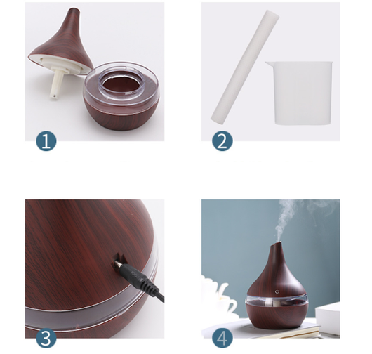 Teardrop-shaped humidifier with light wood grain finish and clear water tank, featuring a power button icon. - Image 5