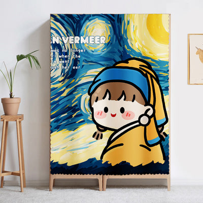 Printed Velcro cabinet curtain with a cartoon oil painting of white and yellow tulips under a light blue sky with clouds and a crescent moon. - Image 3