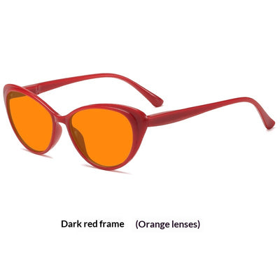 Retro cat-eye sunglasses with bright black frames and yellow night vision lenses on a white background. - Image 9
