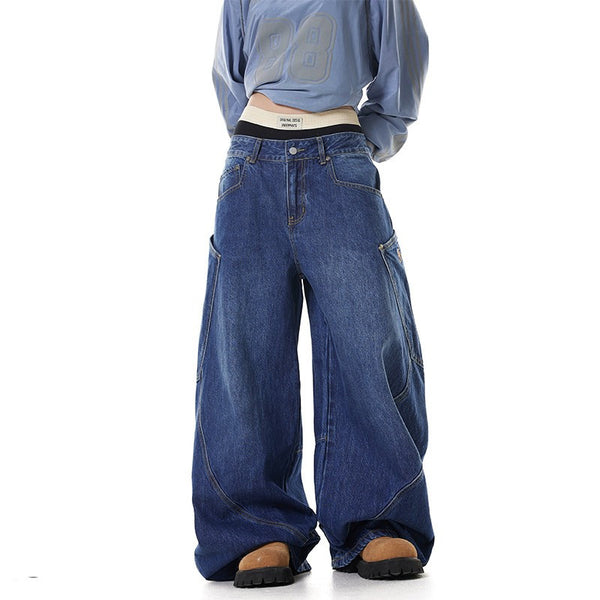 Jeans Retro Americano con Bolsillos Grandes y Diseño Machete