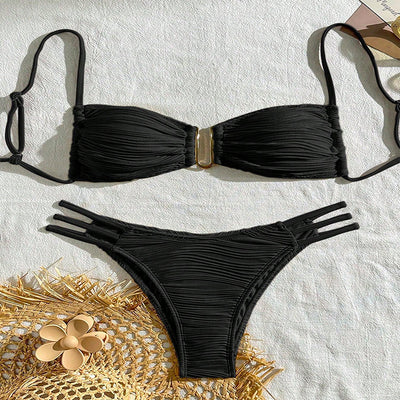 Neon green textured two-piece swimsuit with a bandeau top and high-cut bottom, featuring black straps and a gold clasp. - Image 7