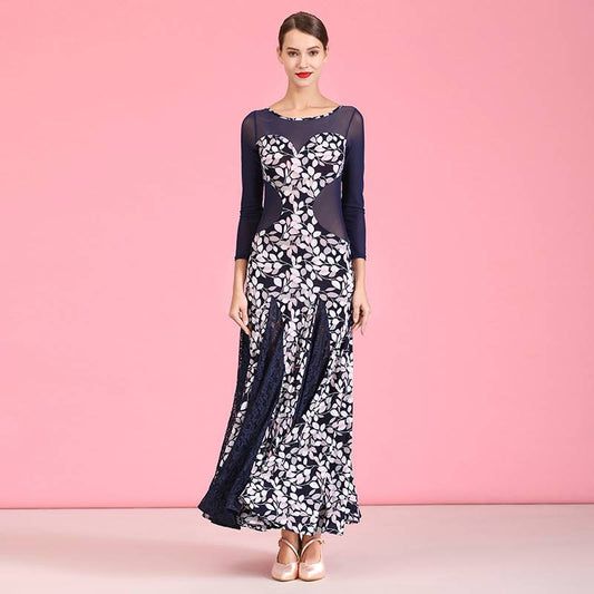 Falda de Práctica para Danza Moderna y Vals en Lino Azul Marino con Estampado Cristal