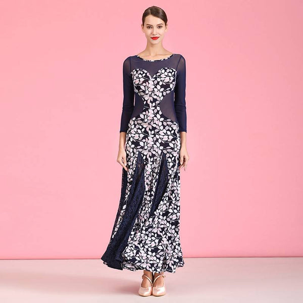 Falda de Práctica para Danza Moderna y Vals en Lino Azul Marino con Estampado Cristal