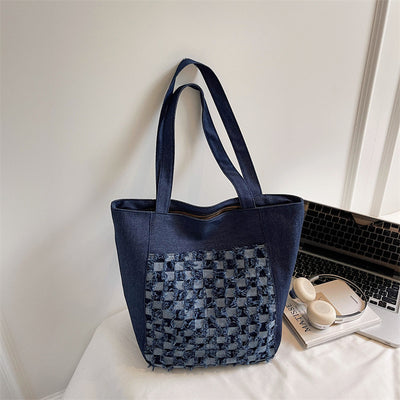 Bolsa Tote de Mezclilla Lavada con Patrón Escocés y Gran Capacidad - Image 7