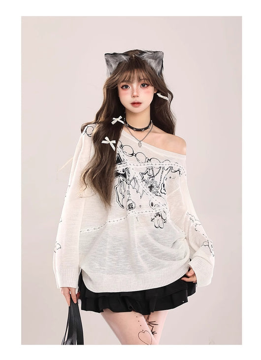 Sudadera Tejida con Encaje en Hombros y Diseño Graffiti Retro para Mujer - Image 19