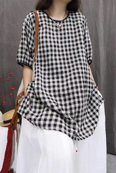 Camisa Cuadros Oversize Artística de Manga Tres Cuartos Estilo Vintage - Image 12