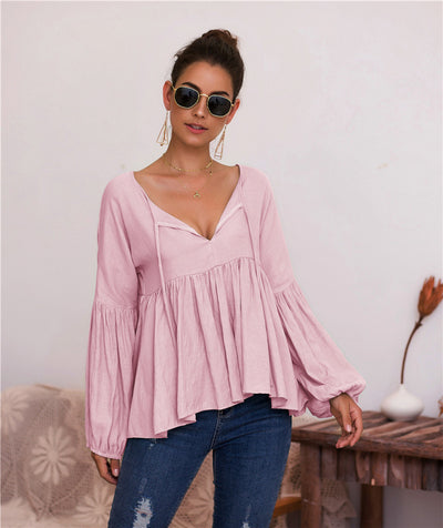 Blusa V-Neck con Mangas Abullonadas en Colores Sólidos - Image 10