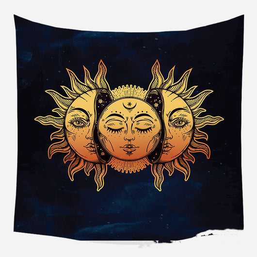 Golden crescent moon and woman silhouette tapestry with a floral crown against a dark blue starry background. - Image 27