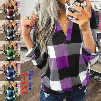Camisa Casual de Cuadros con Escote en V y Mangas Largas