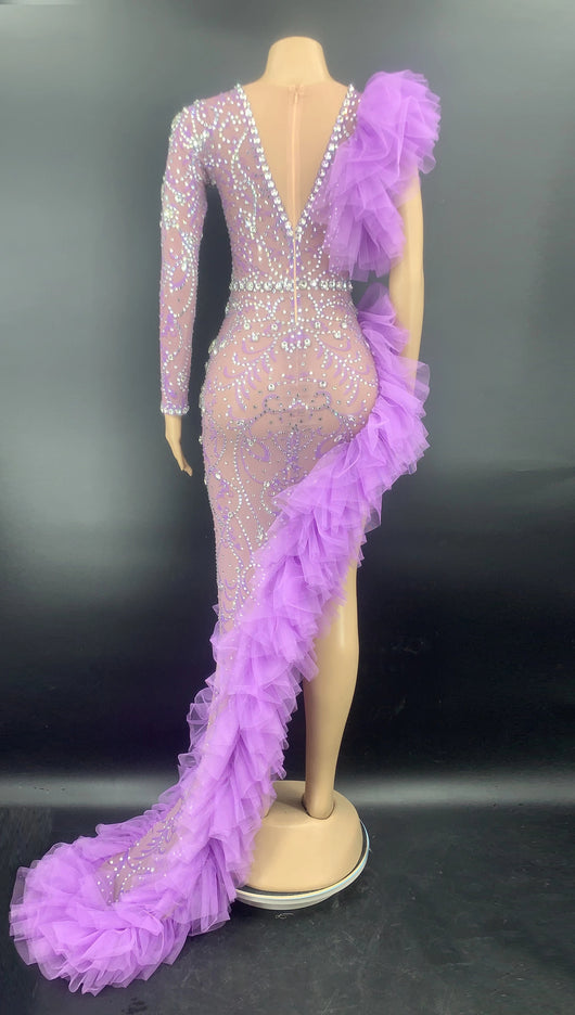Vestido de Gasa Plisado con Manga Asimétrica y Detalle Diamante - Image 11