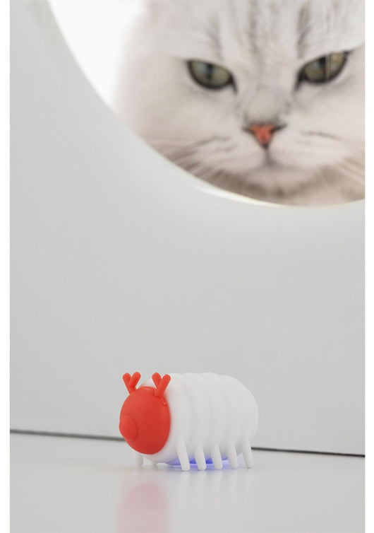 White and red interactive cat toy shaped like a segmented caterpillar with small legs and antennae. - Image 7