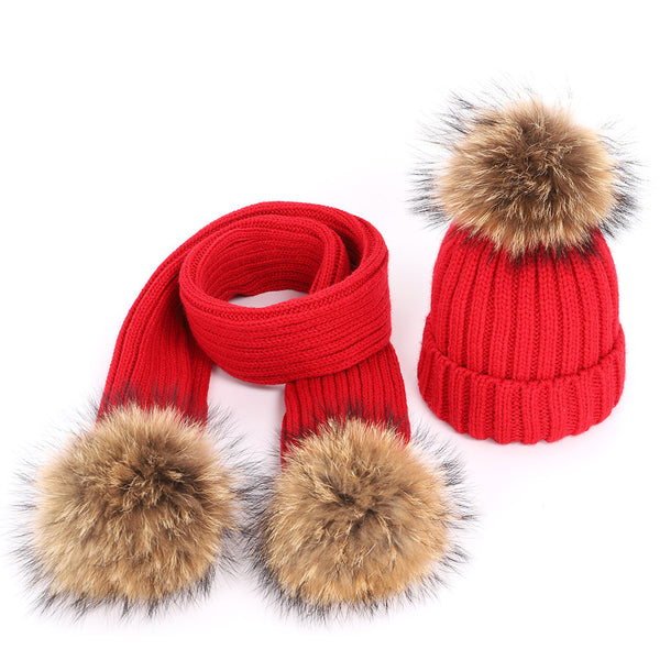 Conjunto de Gorro y Bufanda Infantil con Pompón de Piel Sintética