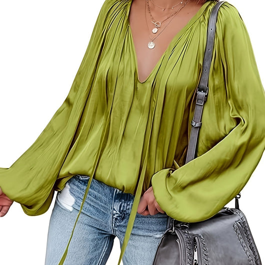 Blusa de Satén con Cuello en V y Mangas Largas para Mujer - Image 11