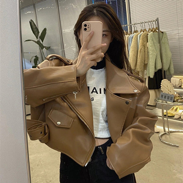 Chaqueta de Cuero Marrón para Motociclista Mujer