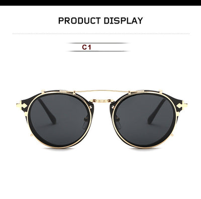 Round frame sunglasses with light blue mirrored lenses and a gold-tone metal frame, featuring a double bridge. - Image 14