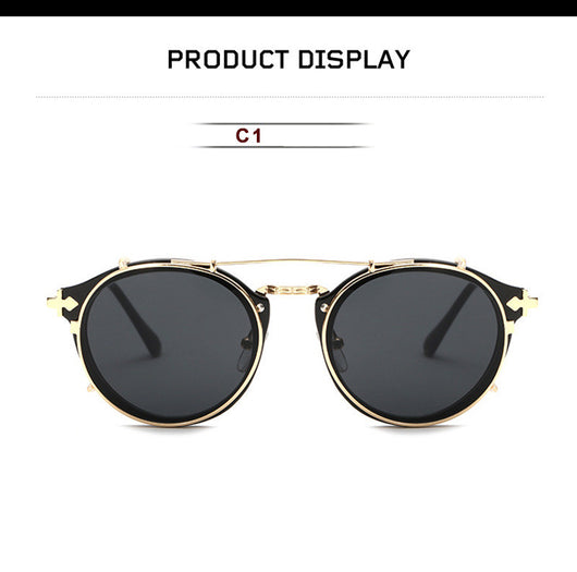 Round frame sunglasses with light blue mirrored lenses and a gold-tone metal frame, featuring a double bridge. - Image 14