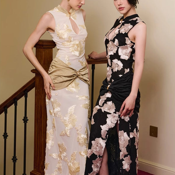 Vestido Elegante Negro con Flores en Malla y Detalles Fruncidos