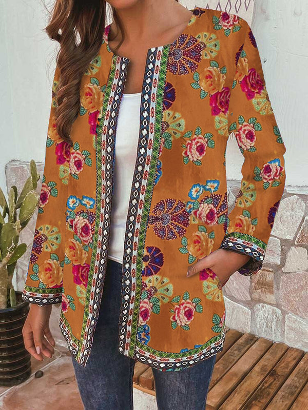 Abrigo Suelto Largo de Algodón y Lino con Estampado Retro