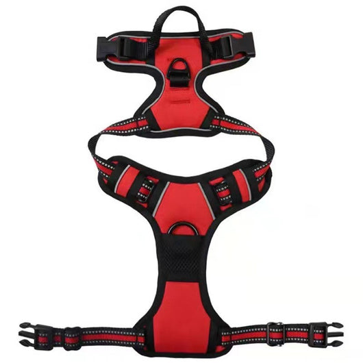 Red and black dog harness with reflective strips, adjustable straps, and a top handle for secure pet control. - Image 6